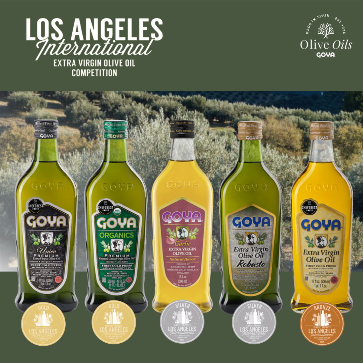 Five medals for Goya EVOOs at Los Angeles 2024 Goya Olive Oils